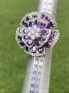 Charles Winston Sterling Silver Purple & White Cubic Zirconia BOLD Flower Ring - Picture 1 of 14