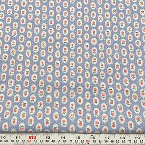 Vintage Cranston Florals in Ovals Pin Dots Blue Cotton Fabric Remnant 16" x 43" - Picture 1 of 2