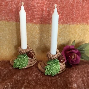 Fairy Forrest Fall ceramic hand painted cornucopia tapper candle holders 4" MCM - Picture 1 of 8