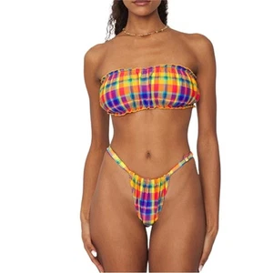 NWT WeWoreWhat Rainbow Plaid Bikini Set Ruched Bottom Bandeau Top Medium - Picture 1 of 11