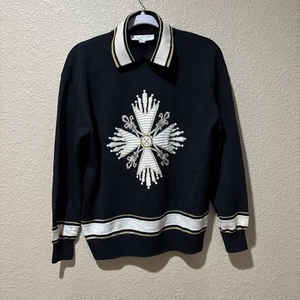 St John Knit Polo Top Sweater Women's Size Small Black Long Sleeve Beaded - Picture 1 of 7