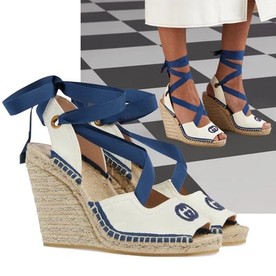 GUCCI SHOES GG LOGO CANVAS WEDGE ESPADRILLES WRAP AROUND SELF TIE sz 40.5 10.5 - Image 1 of 4