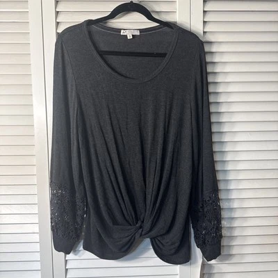 Jolt Women's Dark Gray Long Sleeve Crochet Trim Knot Front Top Size XL NWT - Image 1 of 4