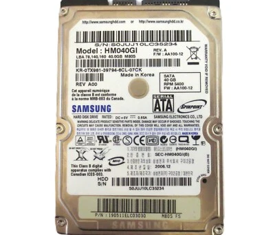 Samsung HM040GI Rev.A AA100-12 M80S FS (S0J) Korea 40gb 2.5" Sata HDD 2006.12 - Image 1 of 4