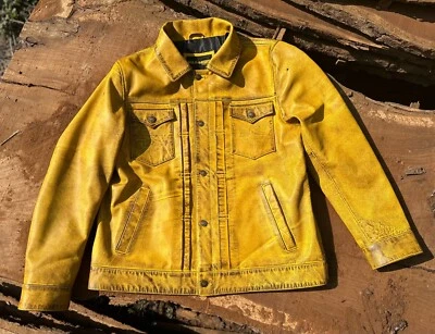 Mens Yellow Distressed Leather Trucker Jacket, Leather Jacket - Image 1 of 4