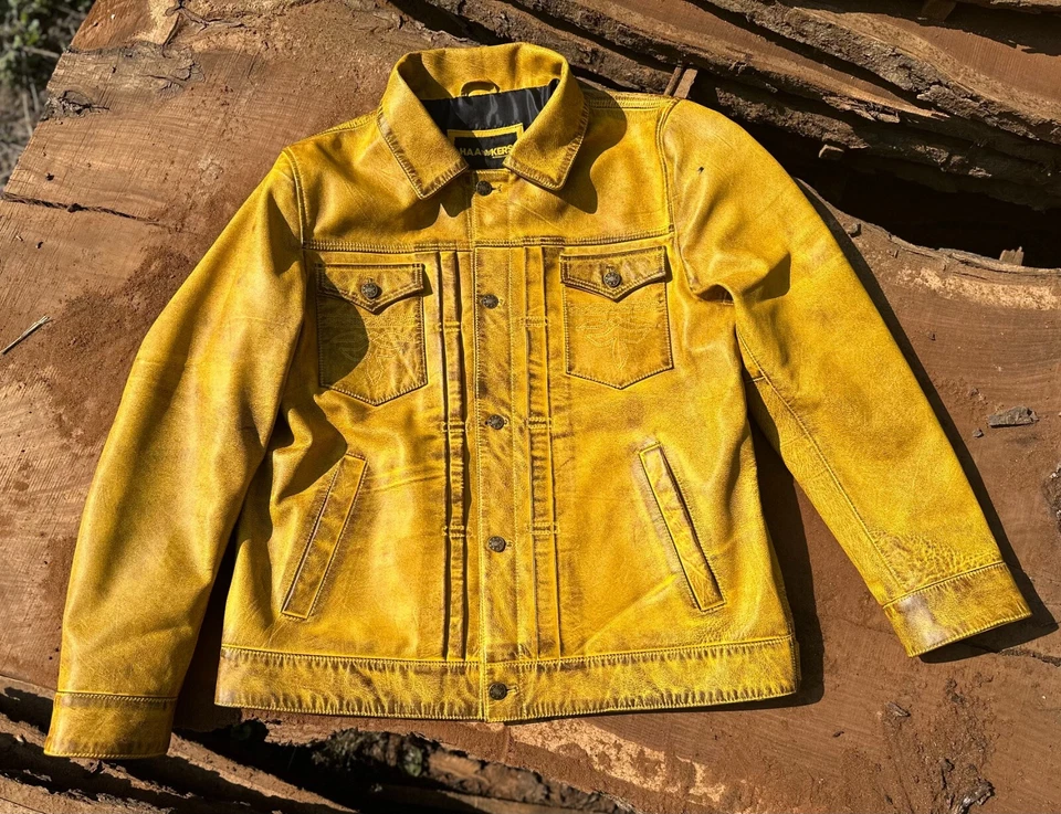 Mens Yellow Distressed Leather Trucker Jacket - Image 1 of 4