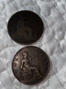 Lot Of 2 UK Great Britain Large 1 Penny Coin 1875 & 1898 Victoria - Picture 1 of 6