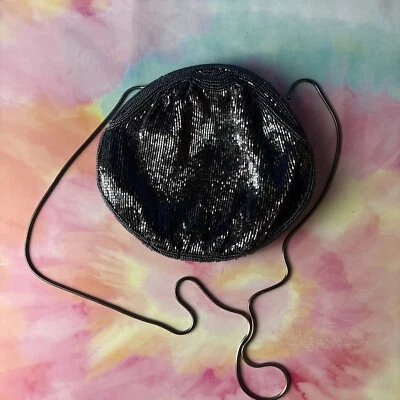 Vintage Neiman Marcus Silver/Black Beaded Round Clutch Small Handbag~Evening Bag - Image 1 of 4