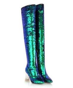 Women High Thick Heels Booties Sequin Shiny Glitter Ankle Over Knee Long Boots