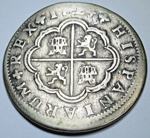 1724 Spanish Silver 2 Reales Genuine 1700's Colonial Cross Pirate Treasure Coin - Picture 1 of 2