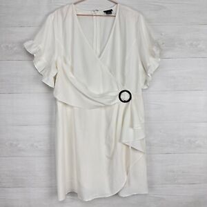 City Chic Wrap Dress Plus Size 20 Ivory White Flutter Sleeve Mini Linen Blend