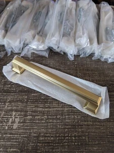 10 Pack 5 Inch Hole Centers Brushed Brass Solid Cabinet Pulls Drawer Handles - Picture 1 of 10