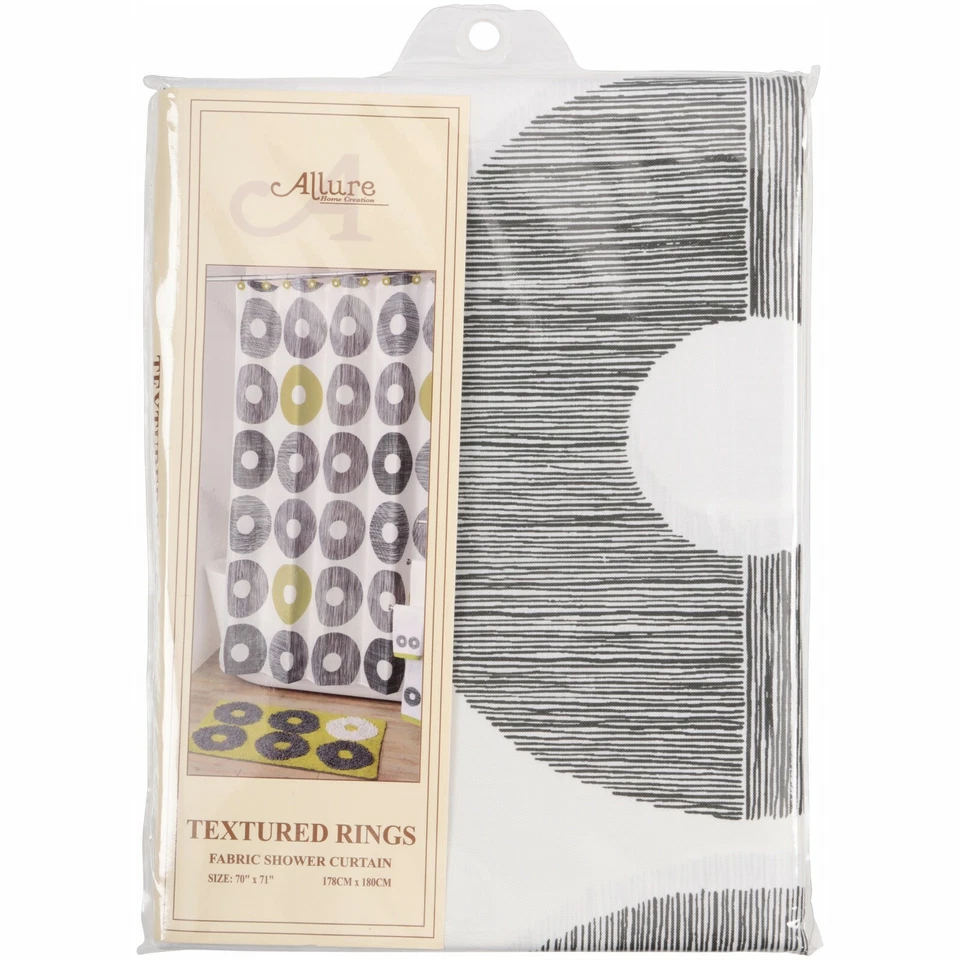 Allure Textured Rings Fabric Shower Curtain 70W x 71L New Grey White Green  - Image 1 of 2