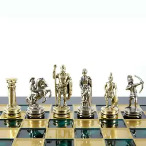 Manopoulos Archers Small Chess Set - Brass Nickel Pawns - Green chess Board - Picture 1 of 5