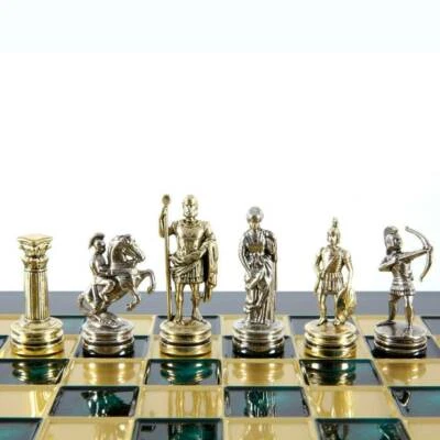 Manopoulos Archers Small Chess Set - Brass Nickel Pawns - Green chess Board - Image 1 of 4
