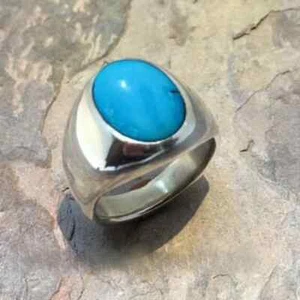 Solid 925 Sterling Silver AA Blue Turquoise Oval Gemstone Signet Gift Men's Ring - Picture 1 of 10