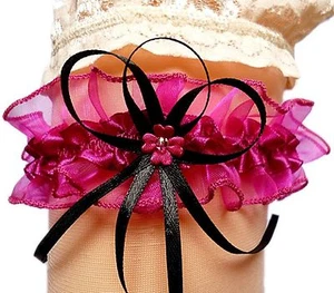 Strumpfband Braut rosa pink schwarz Blümchen Schleifen Hochzeit Kostüm Neu EU - Bild 1 von 2