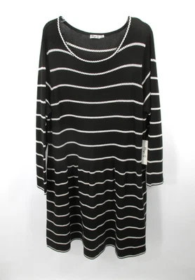 Nuevo con etiquetas Vestido Eliza J Midi Tejido Ajuste Acampanado Mujer 3X Negro Marfil Rayas Mangas Largas Foto 1 de 4