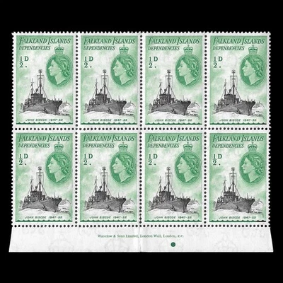FALKLAND ISLAND DPS 1954 : QEII ½d. Bluish green IMPRINT Block(8) [MNH] [SG G26] - Image 1 of 3