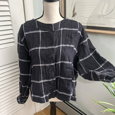 FLAX Jacket Womens Medium Black Window Pane Plaid Linen Cropped Boxy Lagenlook - Image 1 of 4