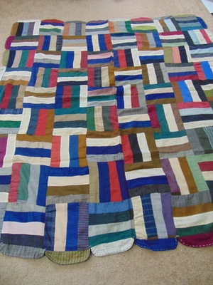 1920s Quilt Top-Four Patch Stripes Pattern-72"x79"-Rayon-Scalloped Edges - Image 1 of 4