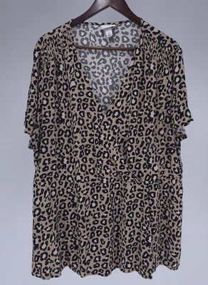 Túnica Ava & Viv feminina top 2X marrom preta estampa de leopardo animal manga curta - Imagem 1 de 4