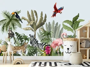 Wall Mural Jungle Animals Flowers Photo Wallpaper Kids Children's Bedroom Custom - Picture 1 of 14