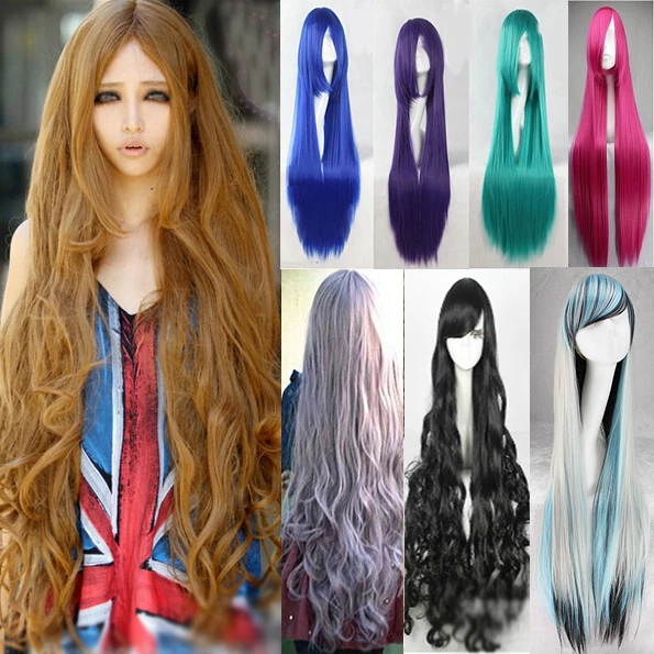 Super Long 100CM Full Wigs Fashion Cosplay Costume Hair Anime Wavy Straight Curl - Image 1 of 2