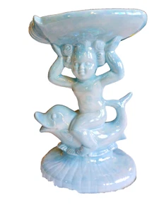 VINTAGE DELFIN CHERUB MUSCHEL SOCKEL KERAMIK SEIFENSCHALE BLAU GLANZGESCHIRR MCM  - Bild 1 von 12