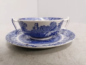 Spode Italian Blue and White Handled Soup Bowl with Saucer Pattern c.1816 - Picture 1 of 7