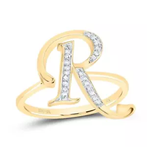 10k Yellow Gold Genuine Diamond Women Script Font Letter R Initial Ring 1/10 CT - Picture 1 of 1