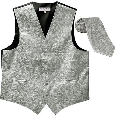 New men's formal vest tuxedo waistcoat self tie necktie paisley Silver 5XL 6XL - Image 1 of 3