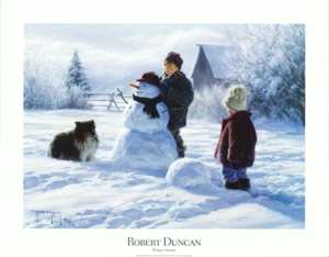 Muñeco de nieve Robert Duncan perro niños invierno amigos 28x22 pulgadas - Imagen 1 de 1