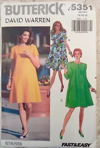 Vestido Suelto BUTTERICK 5351 Patrón De Colección Años 90 David Warren SIN CORTAR 14 16 18 Línea A - Imagen 1 de 11