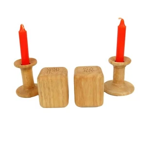 Mid Century Wood Salt Pepper Shaker Set Solid Wood Spindle Candle Holders - Picture 1 of 11
