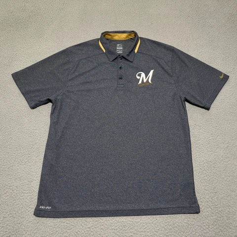 Nike Milwaukee Brewers Polo Shirt Mens Large Dri-Fit MLB Baseball Logo Golf Cover