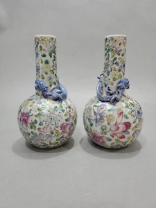 Pair Of Chinese Dragon Hundreds Flowers Families Rose Vases With QIANLONG MARK  - Picture 1 of 14