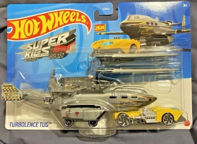 Hot Wheels Super Rigs 1/64 Turbolence Tug Yellow Tug Grey Plane NEW - Image 1 of 3