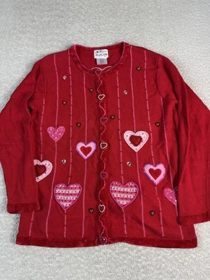 Quacker Factory Sweater Womens Medium Red Valentine Heart Cardigan Beaded Top - Image 1 of 4