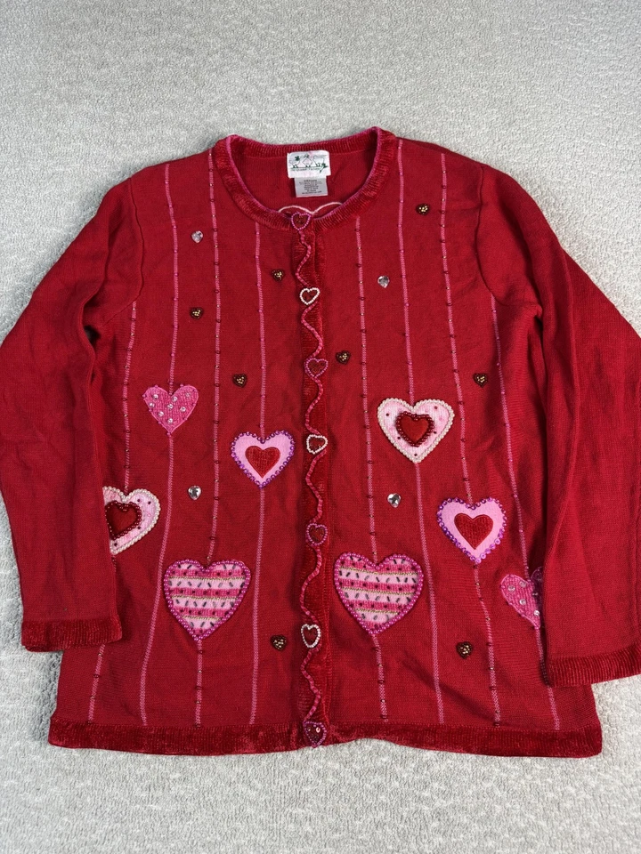 Quacker Factory Sweater Womens Medium Red Valentine Heart Cardigan Beaded Top - Image 1 of 4