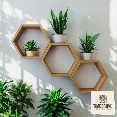 Handmade Hexagon Wall Shelf Natural Wood Honeycomb Floating Shelves Set 1/3/6/9 - Image 1 of 4