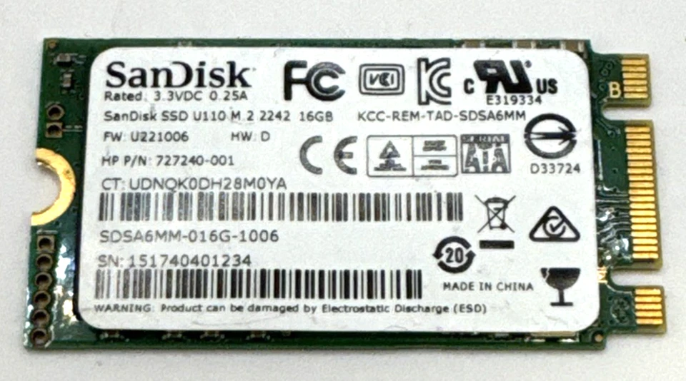 SanDisk U110 SDSA6MM-016G-1006 16GB MLC SATA 6Gbps M.2 2242 Internal SSD Used - Image 1 of 1