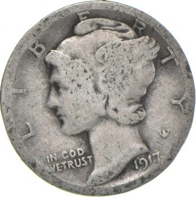 Moneda de diez centavos de plata G+ 1917 Mercury 90 % *7881 Foto 1 de 4