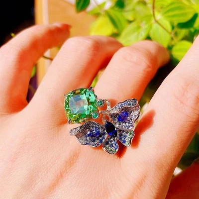 New Fashion Cute Butterfly Mint Green Citrine Gemstone Silver Charm Women Ring - Image 1 of 4