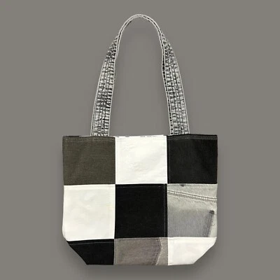 Bolso de hombro de mezclilla con retazos hecho a mano 11x5,5x14 negro blanco gris Foto 1 de 4