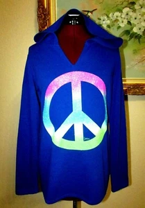 JUSTICE SZ 16 BLUE PULLOVER SWEATSHIRT HOODIE W MULTI-COLOR GLITTER PEACE SIGN - Picture 1 of 6