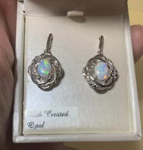 RADIANT GEM Lab Created Opal Studded Diamond Accent Earrings Sterling Silver BOX - Picture 1 of 12