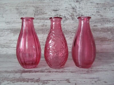 Wedding, Party, Cafe, Table Decor Set of 3 Vintage Pink Glass Bud Vases Flowers - Image 1 of 4