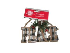 "Peace" ornament black/white plaid fabric letters pressed board (Ebay 3 outsd) - Picture 1 of 2