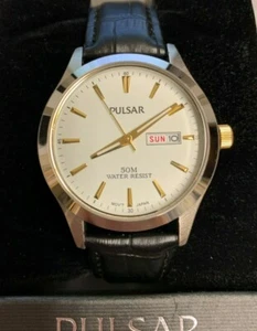Pulsar PXN203 Men's White Dial Black Leather Band Stainless Steel Dress Watch - Picture 1 of 5